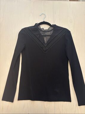 Sandro Black Ribbed Long Sleeve Top with Lace V-Inset